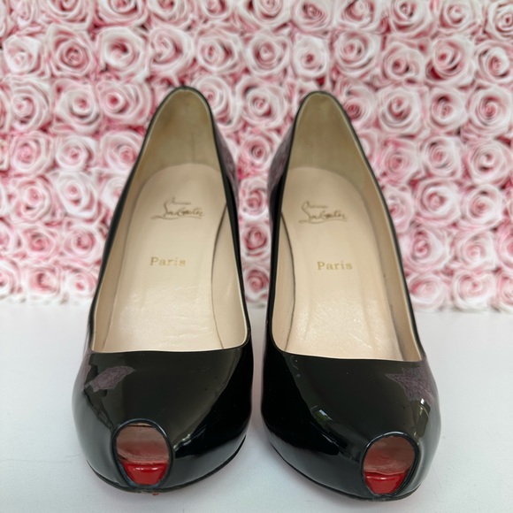 Christian Louboutin Black Patent Leather Open Clic 120 Peep-Toe Pumps Size: 40.5 - Picture 7 of 12